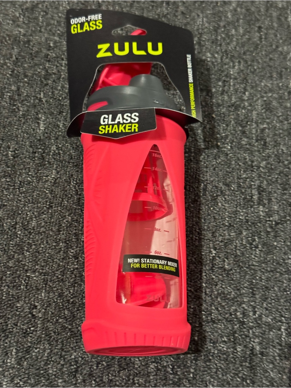 Zulu Red Silicone-Sleeved Glass Mixer Bottle with Stationary Mixer